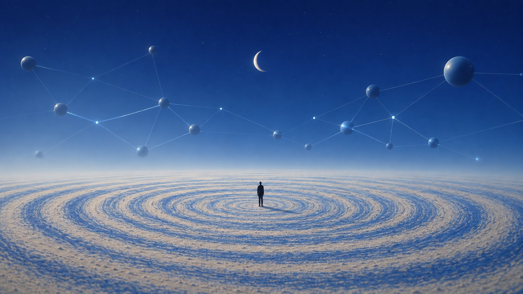 A person standing at the center of wide concentric rings, under a night sky of connected points