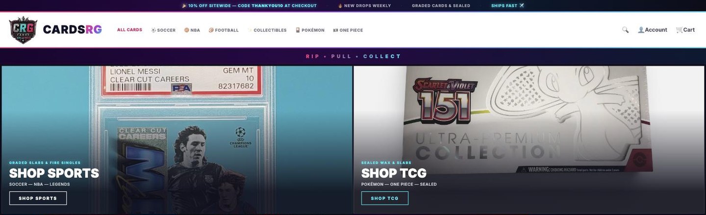 CardsRG storefront homepage, dark with the headline Rip. Pull. Collect.